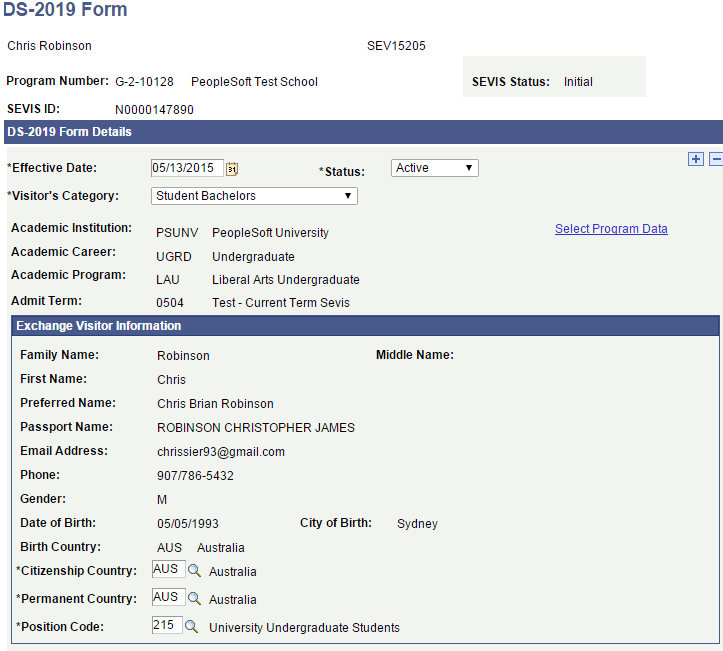 DS-2019 (Certificate of Eligibility for Exchange Visitor (J-1) Status) Form page (1 of 4)