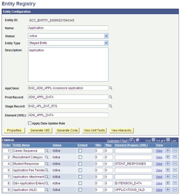Example of Entity Registry component with the parent staging record for the parent entity Application