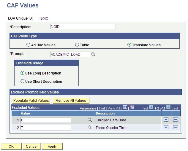 CAF (Common Attribute Framework) Values - LOV Definition page (list of values retrieved from a translate field)