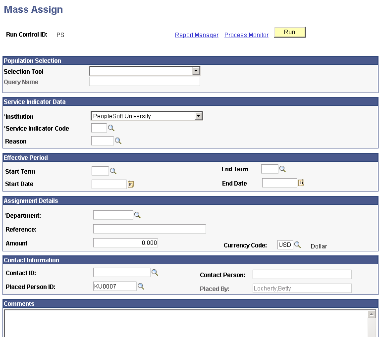 Example of the standard Population Selection group box on a Campus Solutions page