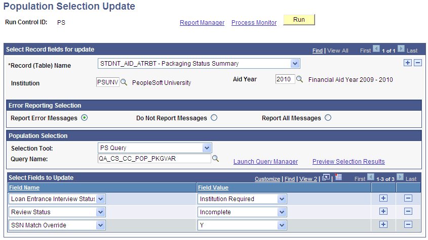 Population Selection Update page