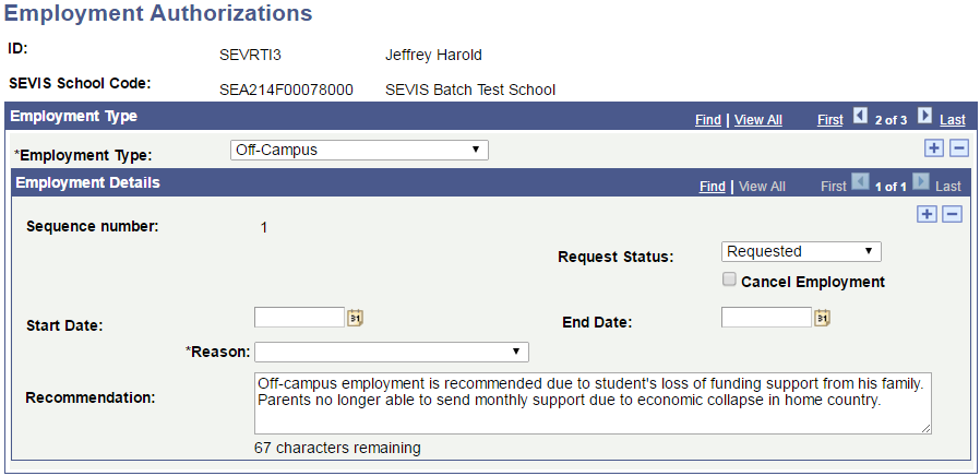 Employment Authorizations (Off-Campus Employment Type) page