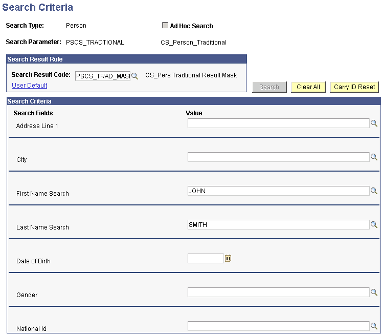 Search Criteria page (1 of 2)