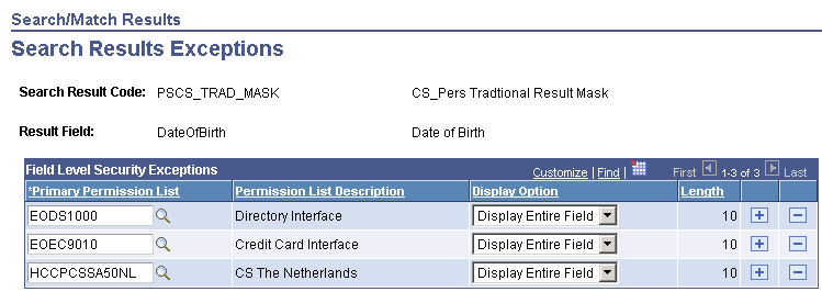 Search Results Exceptions page