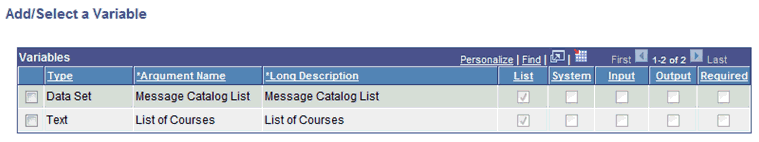 Example of Add/Select a Variable page with only List Variables