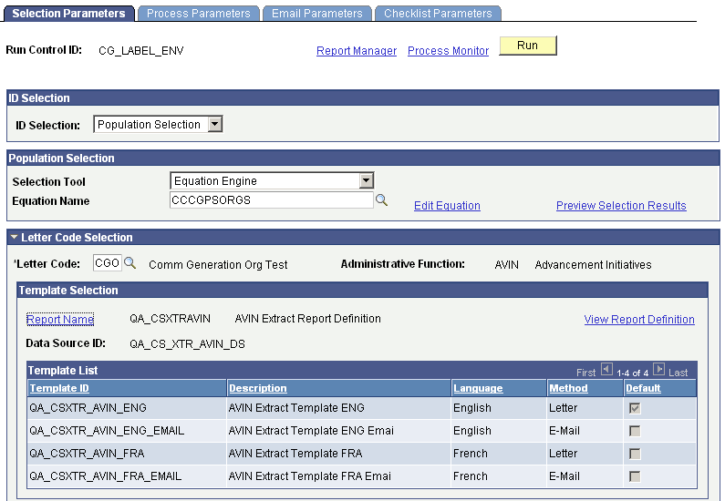 Selection Parameters page (1 of 2)
