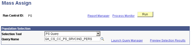 Example of the Population Selection group box with the PS Query tool selected