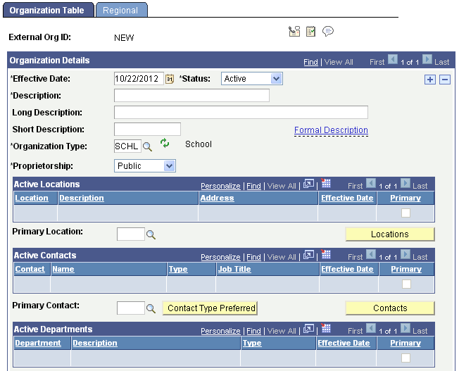 Example of adding a new record on the Organization Table page (1 of 2)