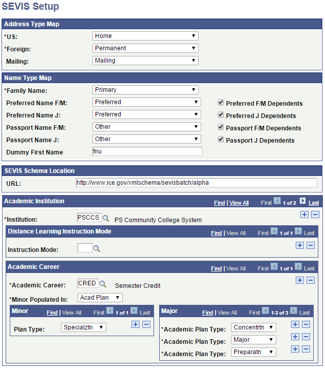 SEVIS (Student and Exchange Visitor Information System) Setup page
