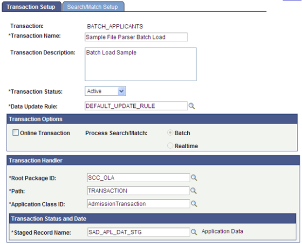 Transaction Setup page: File Parser batch load transaction (1 of 2)