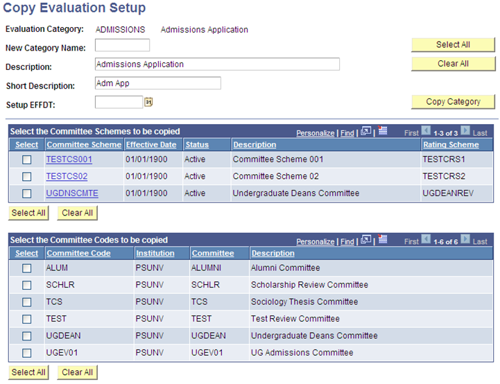 Copy Evaluation Setup page (1 of 4)