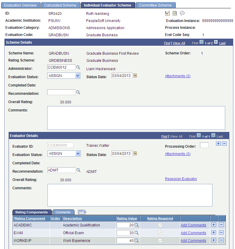 Individual Evaluator Scheme page