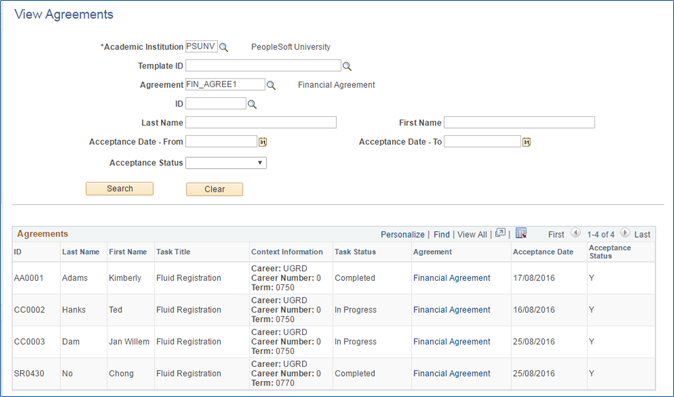 View Agreements page