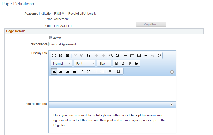 Page Definitions page (1 of 2)