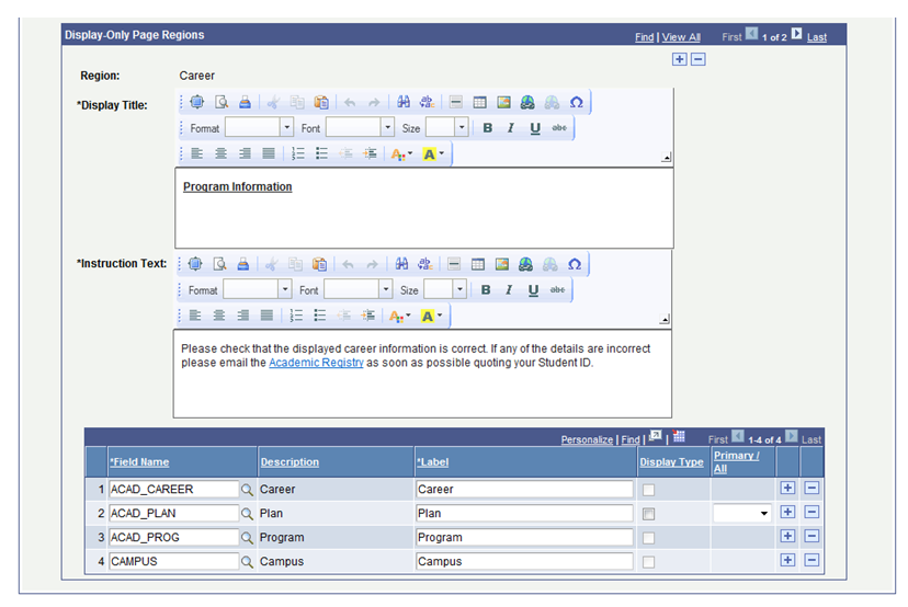Example of fields options for career information