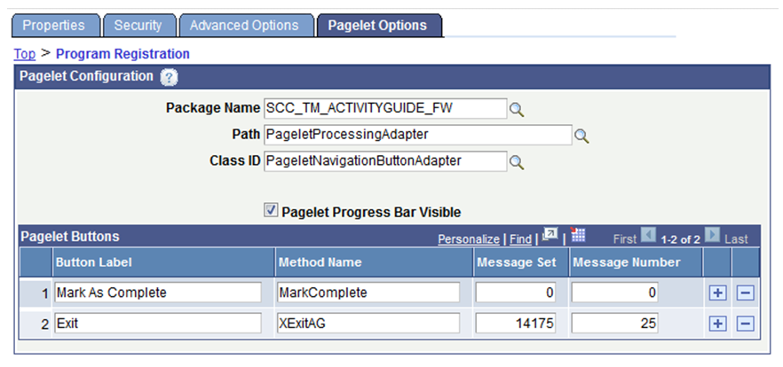 Activity Guide Template - Pagelet Options page