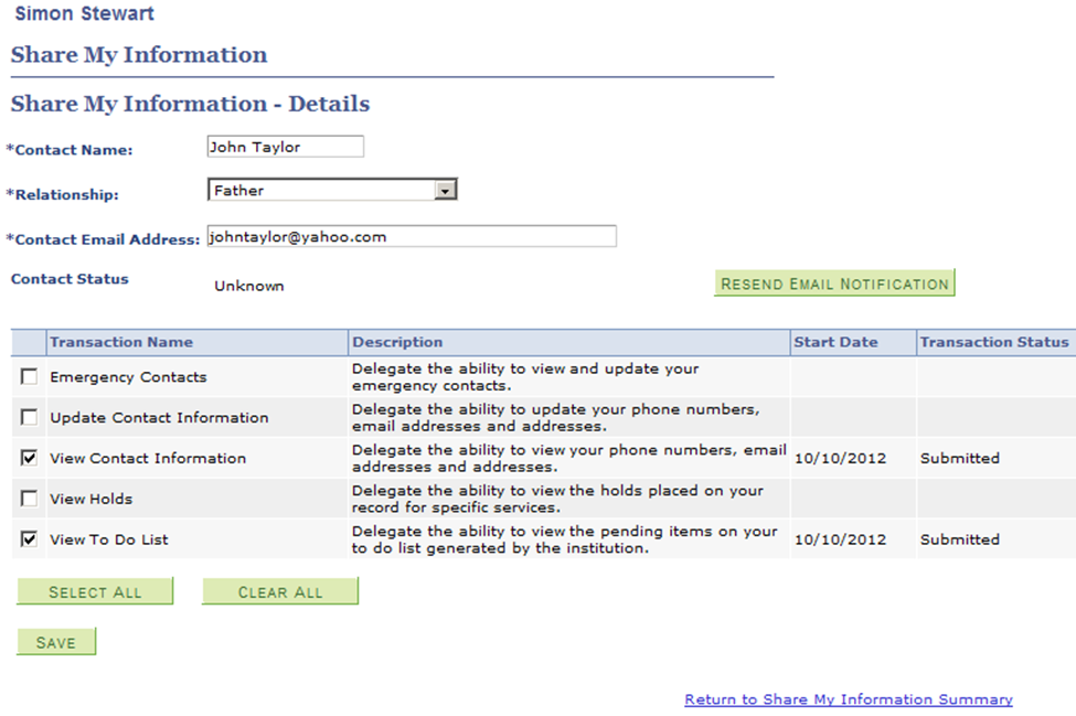 Delegated Access Share My Information Example Page