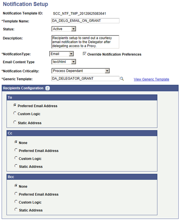 Notification Setup Page, Email Channel Selected 1 of 2