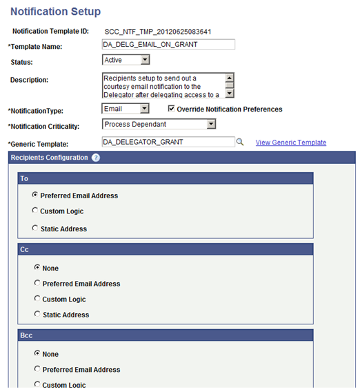 Notification Setup page for DA_DELG_EMAIL_ON_GRANT