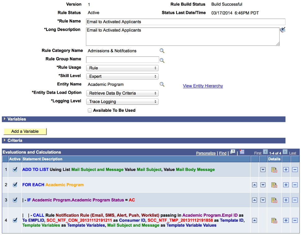 Define Rule Page for Notification Rule Call Example