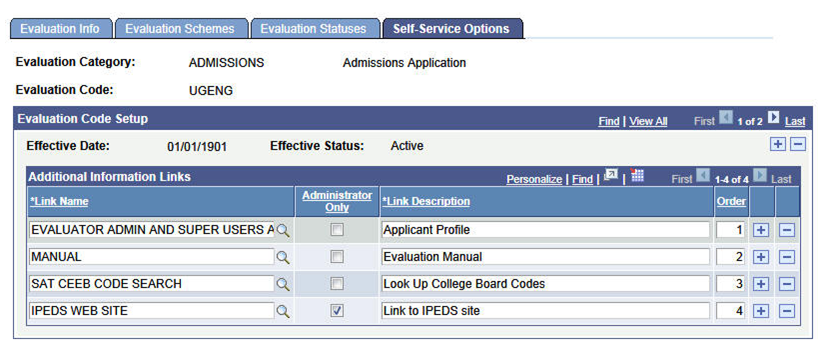 Self-Service Options page for evaluation code