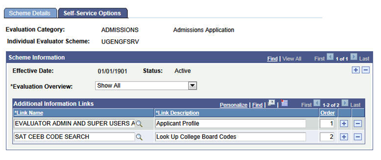 Self-Service Options page for individual evaluator scheme