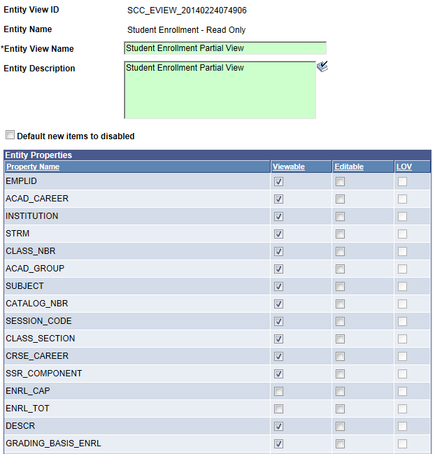 Entity View Editing page for Student Enrollment - Read Only for Rules Engine User Interface Example
