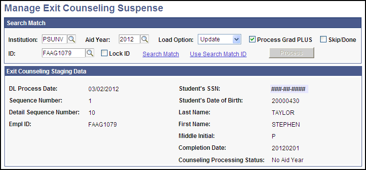 Manage Exit Counseling Suspense page