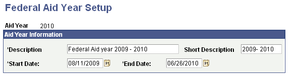Federal Aid Year Setup page