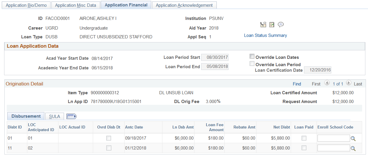 Application Financial page: Disbursement tab
