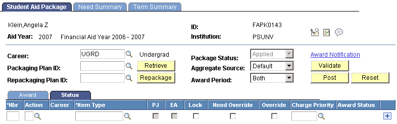 Student Aid Package page: Status tab