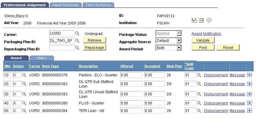 Professional Judgement page: Award tab
