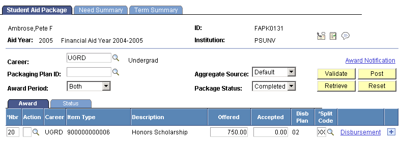 Student Aid Package page after postingâthe two separate instances are combined, with a custom split