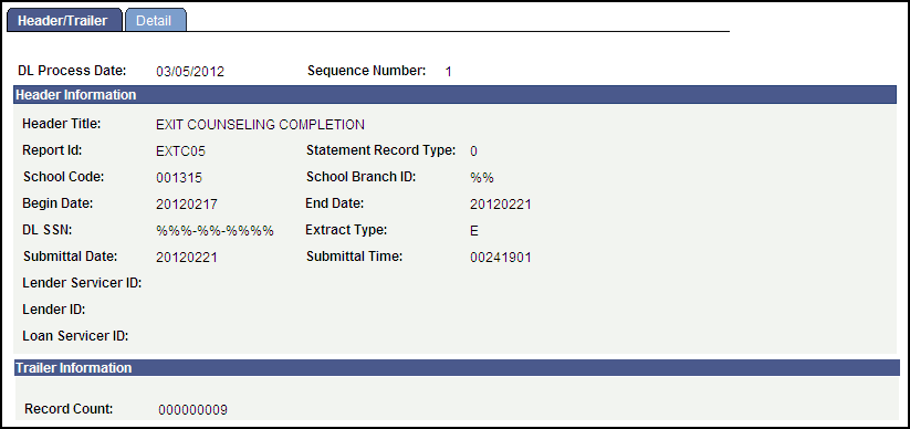 View Exit Counseling Staging Header/Trailer page