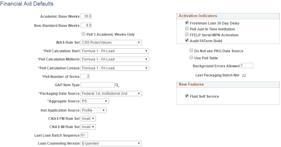 Financial Aid Defaults page