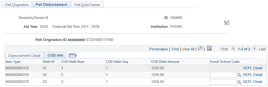 Pell Disbursement page: COD (Common Origination and Disbursement) Info (information) tab