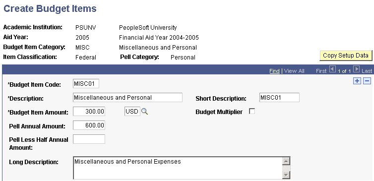 Create Budget Items page