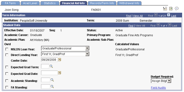 Financial Aid Info (information) page