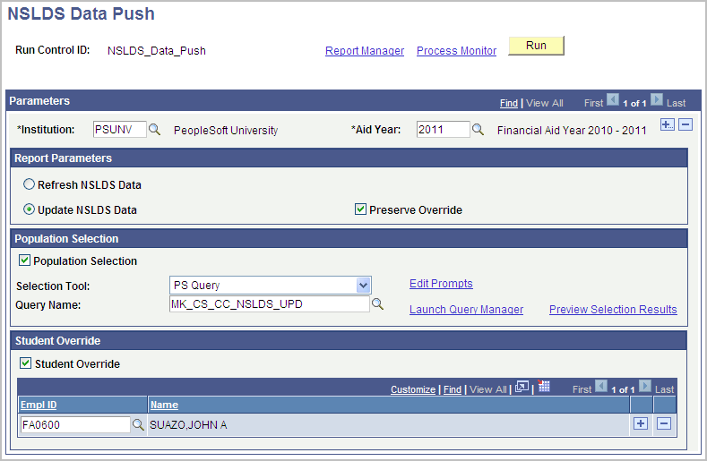 NSLDS (National Student Loan Data System) Data Push page