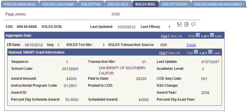 NSLDS (National Student Loan Data System) NSG (National Smart Grant) page