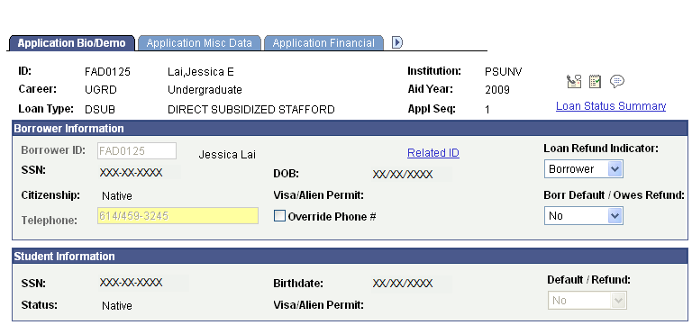 Application Bio (biographic)/Demo (demographic) page