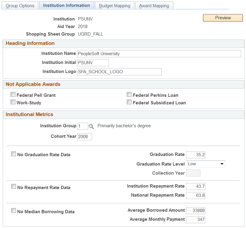 Institution Information page (1 of 2)