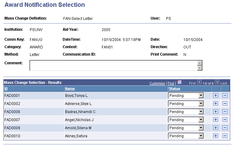 Award Notification Selection page