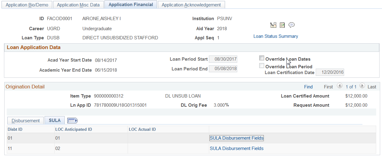 Application Financial page: SULA (subsidized undergraduate limit applies) tab