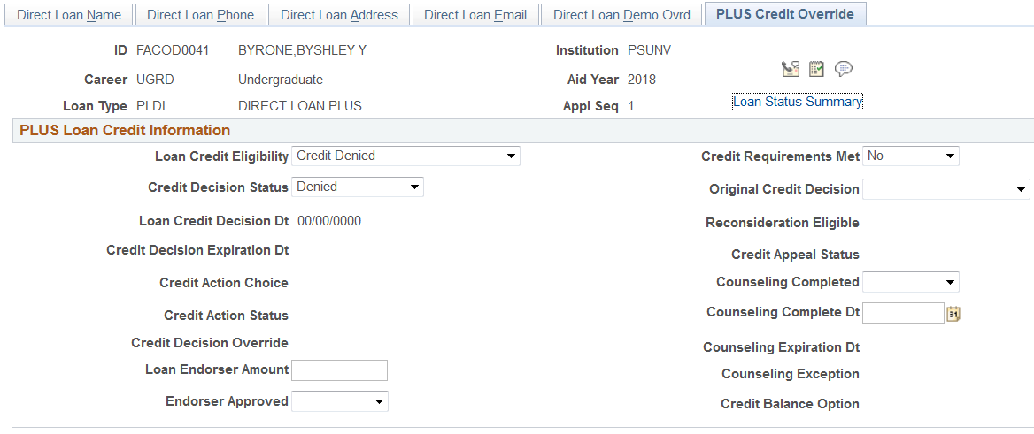 PLUS Credit Override page