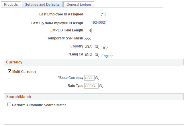 Settings and Defaults page