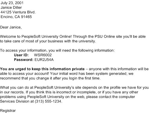 Example of password notification letter