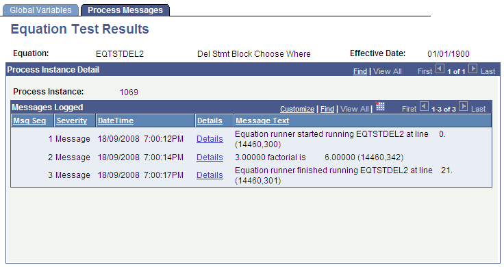 Equation Test Results page, Process Message tab