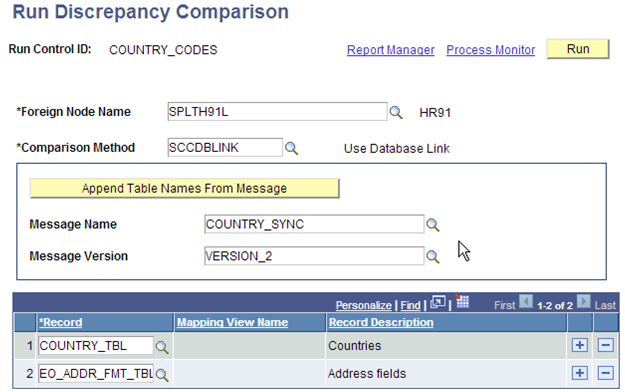 Example of Run Discrepancy Comparison run control page
