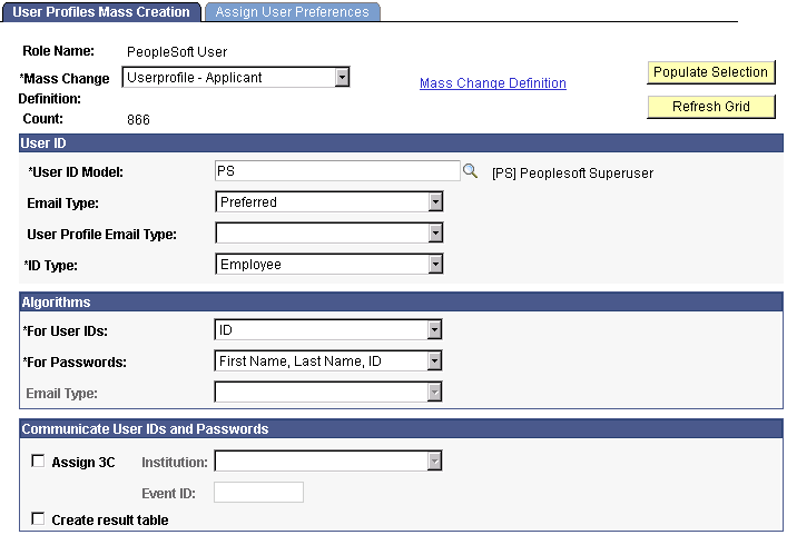 User Profiles Mass Creation page (1 of 2)